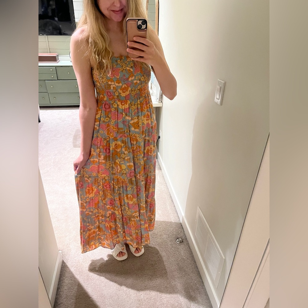 Vibrant Orange and Yellow A-Line Maxi Dress with Smocked Pleats